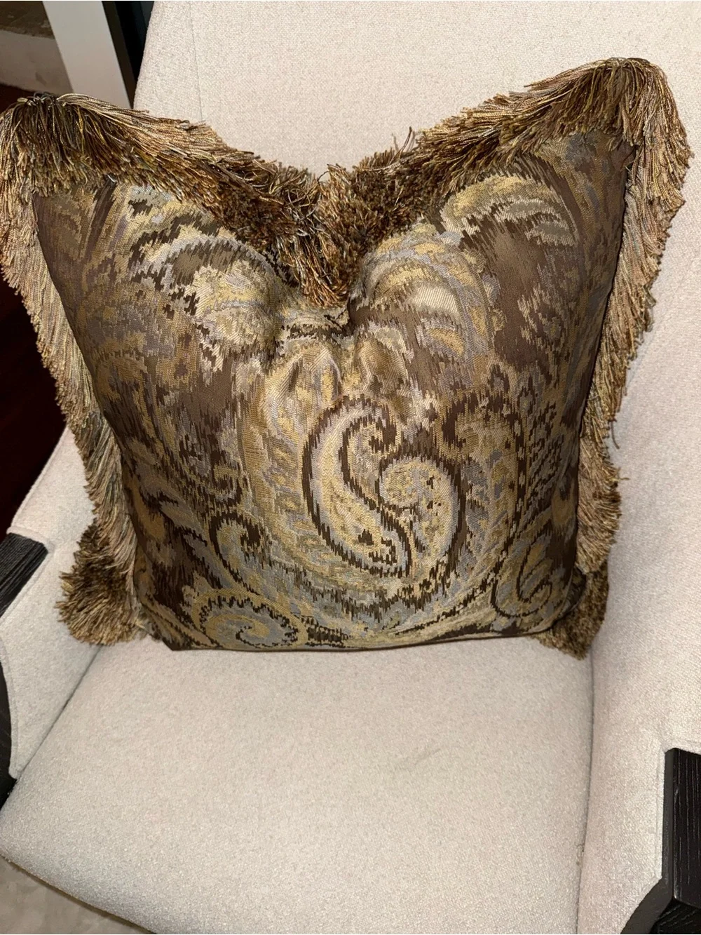 Decorative Tapestry Fringe Pillow with down feather insert in Gold and Brown